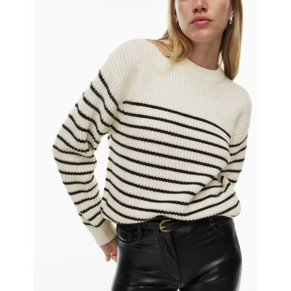 Wilfred Aritzia Maria 100% Wool Striped Crew Neck Ribbed Sweater Cream Navy XS